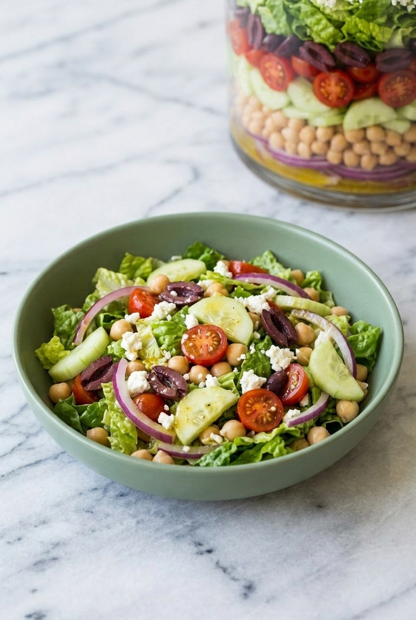 layered greek salad dinner scene