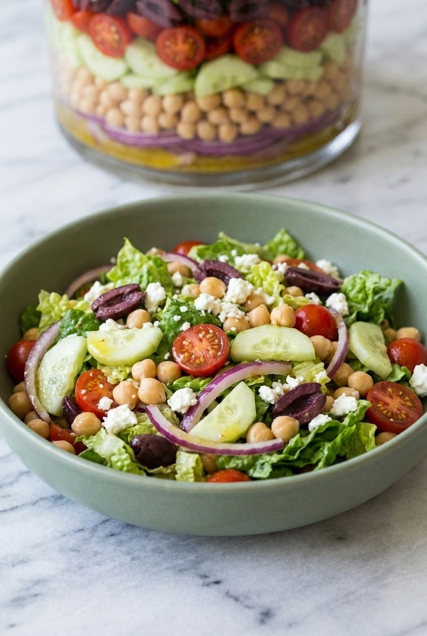 layered greek salad side view