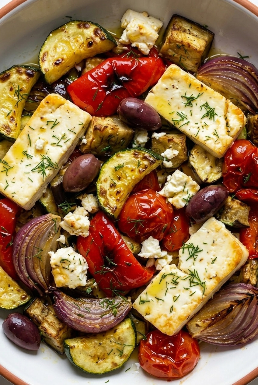 roasted greek vegetable salad close up