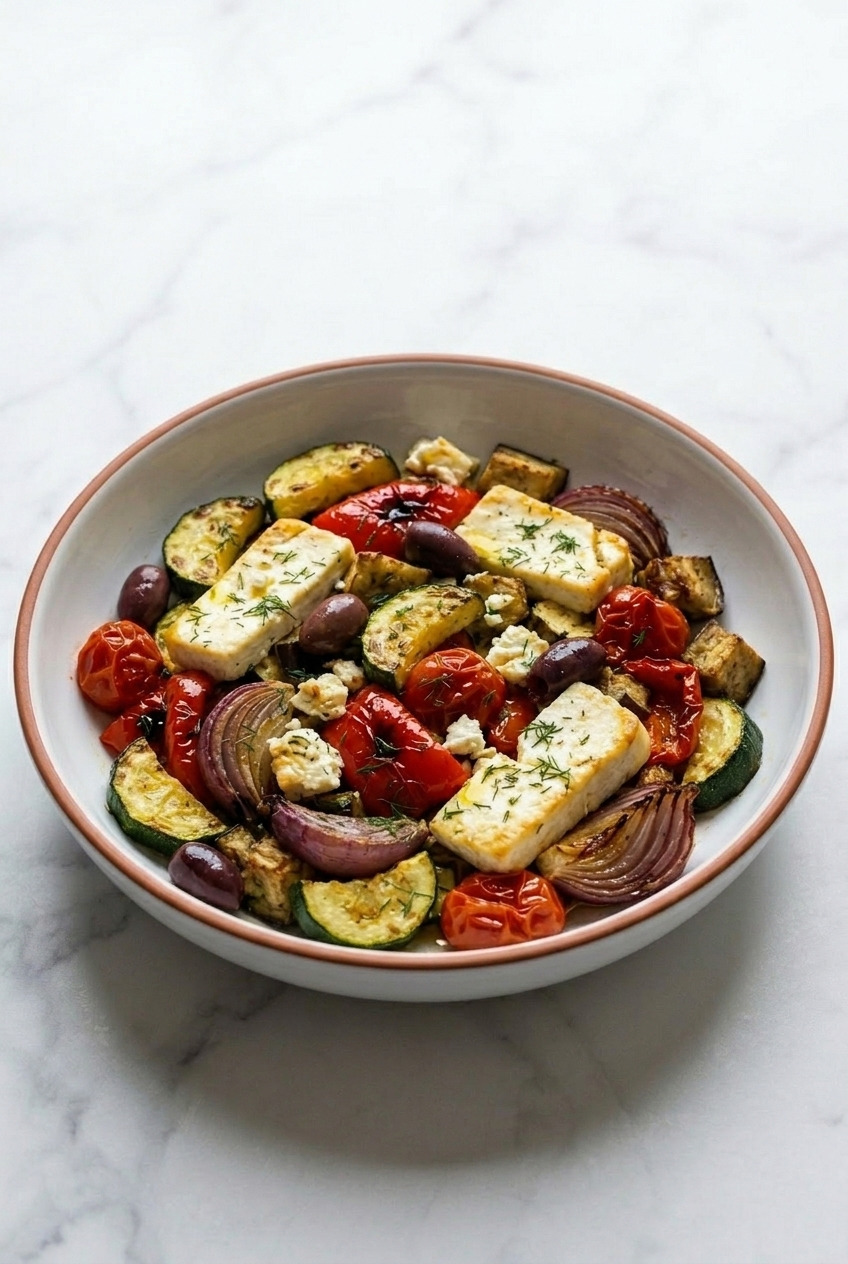 roasted greek vegetable salad dinner scene