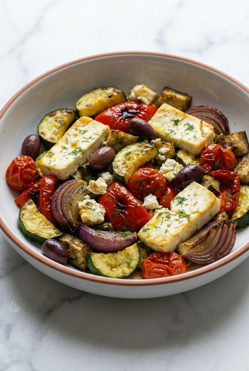 roasted greek vegetable salad served