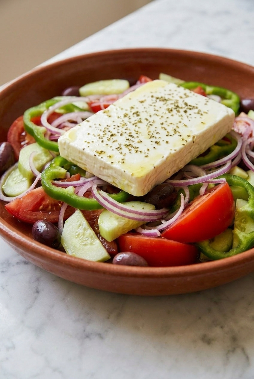 traditional greek salad dinner scene