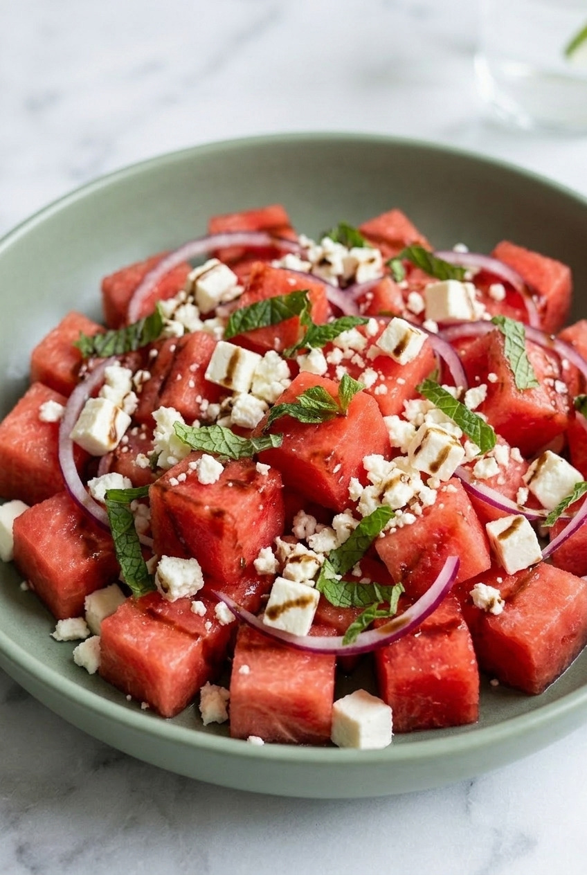 watermelon feta salad side view