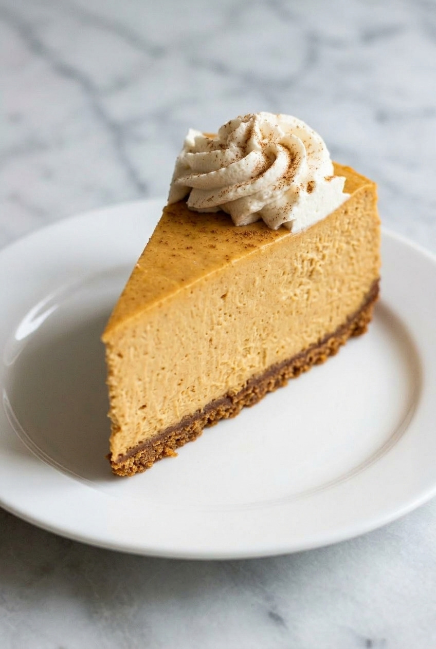 gingersnap crust pumpkin cheesecake served