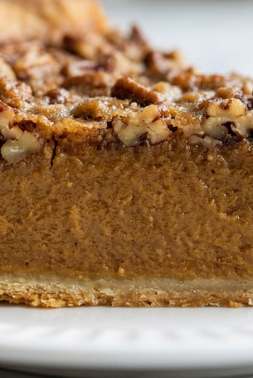 pecan praline pumpkin pie close up