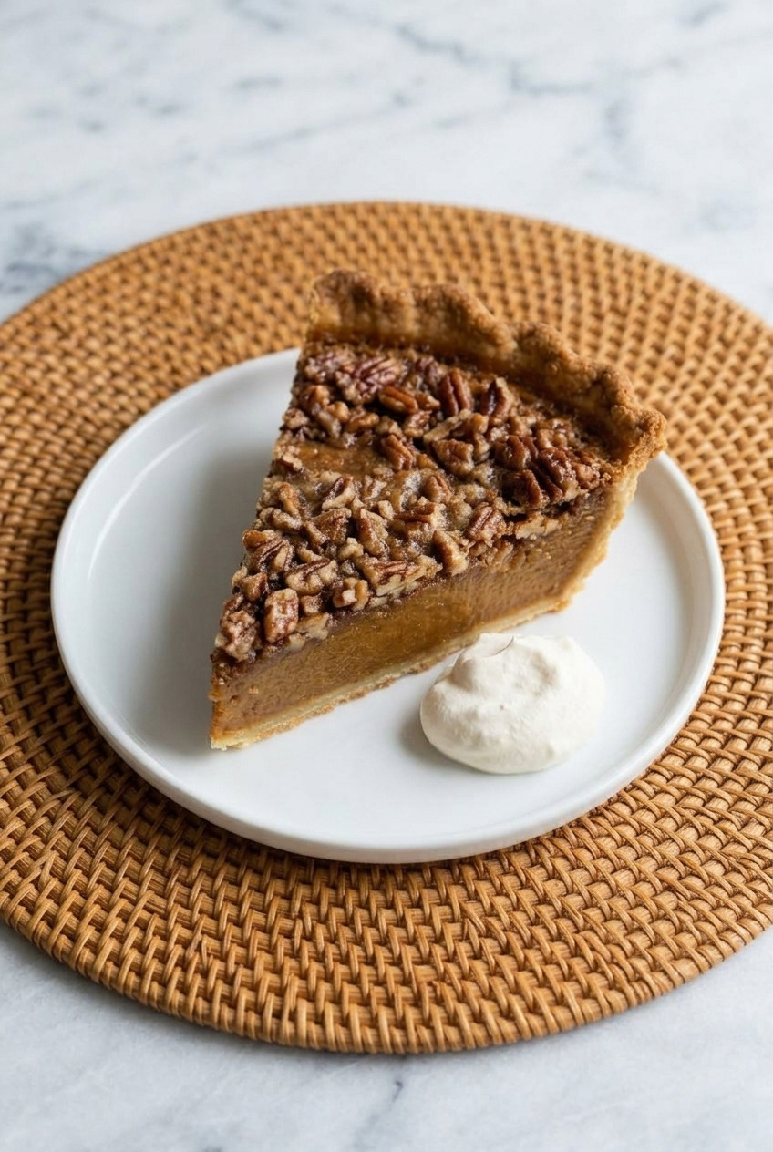 pecan praline pumpkin pie side view