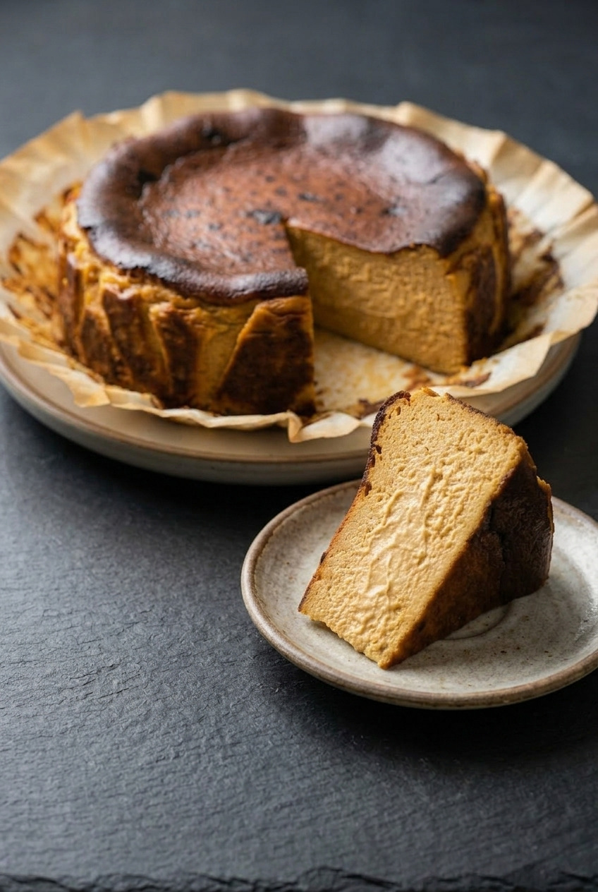 pumpkin basque burnt cheesecake served