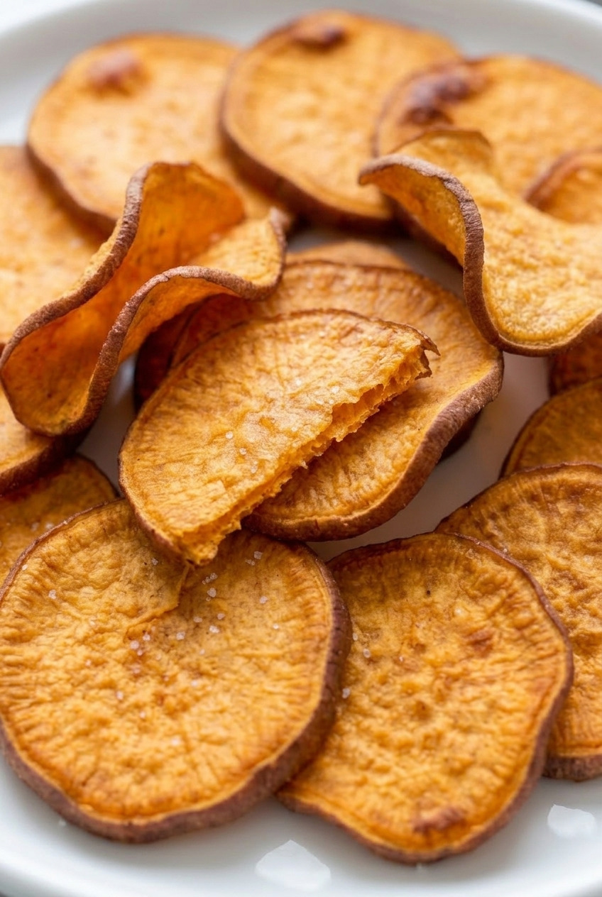 baked sweet potato chips close up