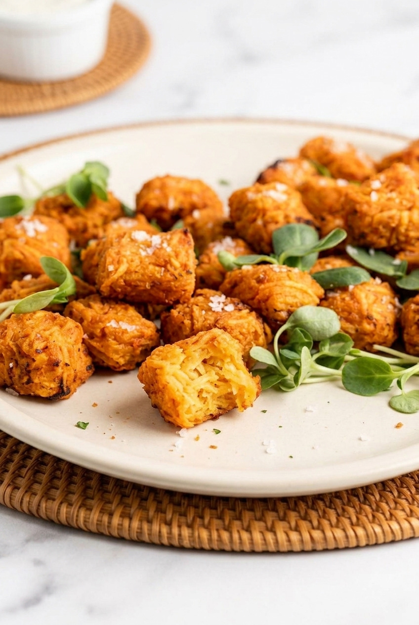 baked sweet potato tater tots side view