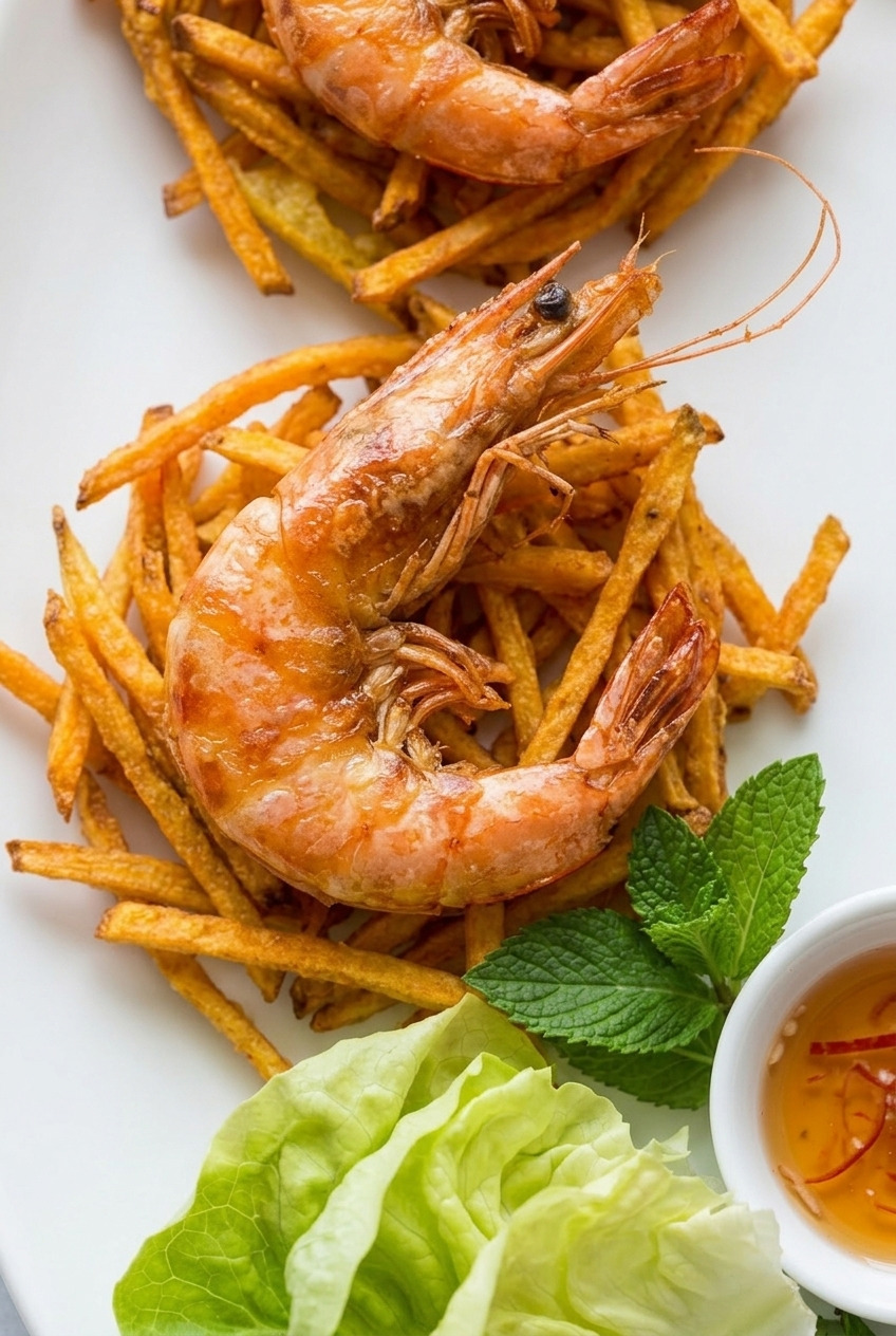 banh tom chien khoai lang vietnamese shrimp sweet potato fritters close up