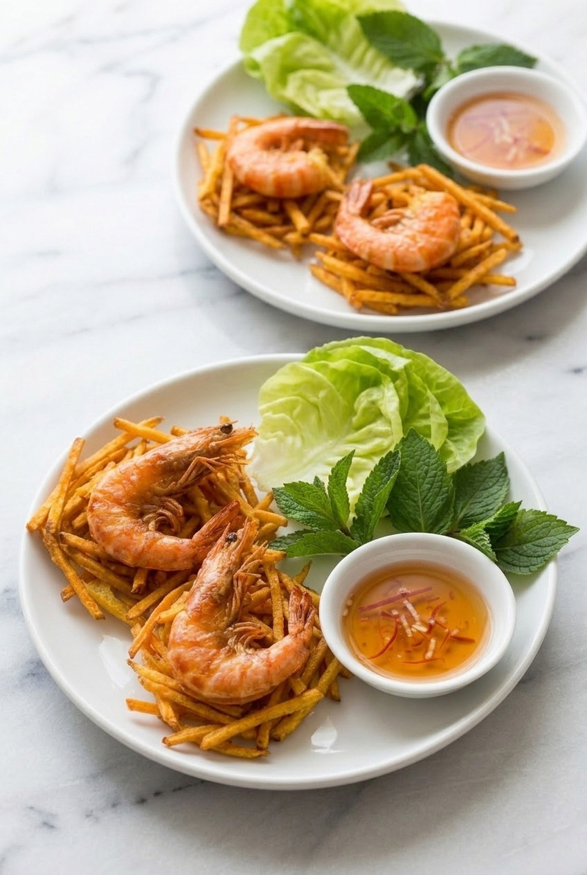 banh tom chien khoai lang vietnamese shrimp sweet potato fritters dinner scene