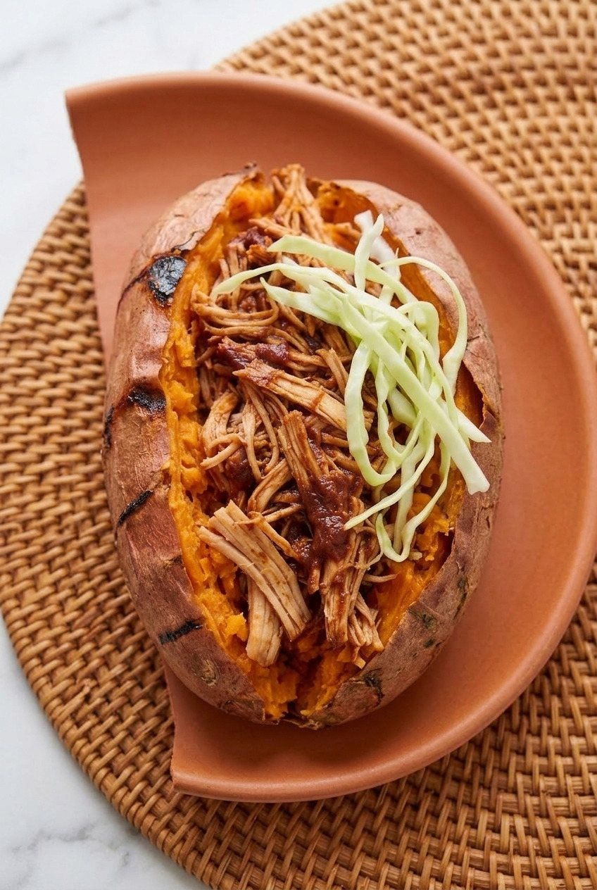 barbecue chicken stuffed sweet potatoes close up