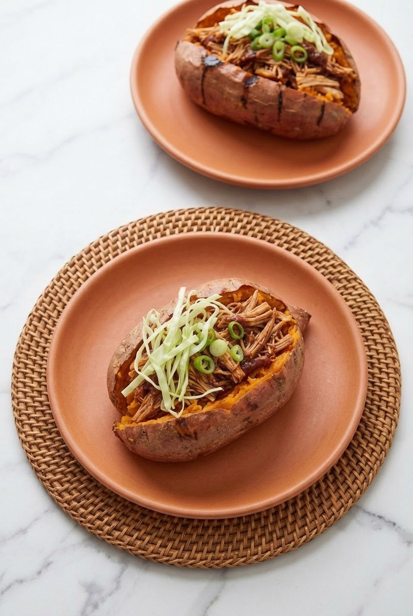 barbecue chicken stuffed sweet potatoes dinner scene