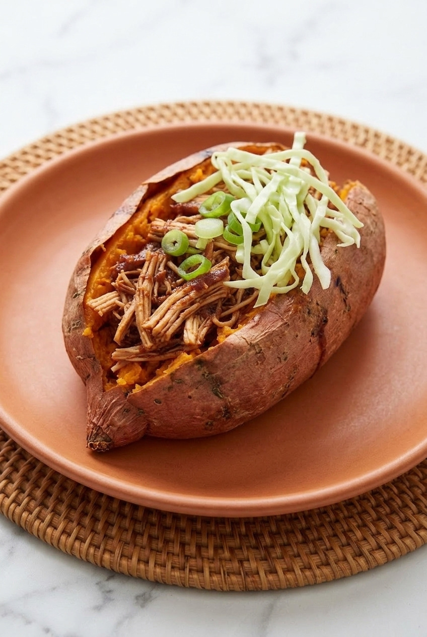 barbecue chicken stuffed sweet potatoes side view