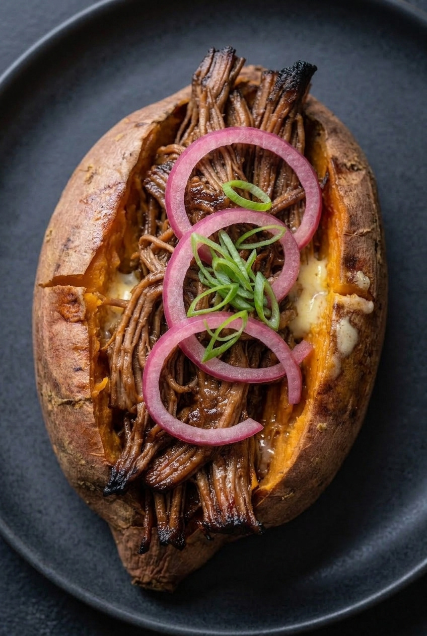 barbecue pulled pork stuffed sweet potatoes close up