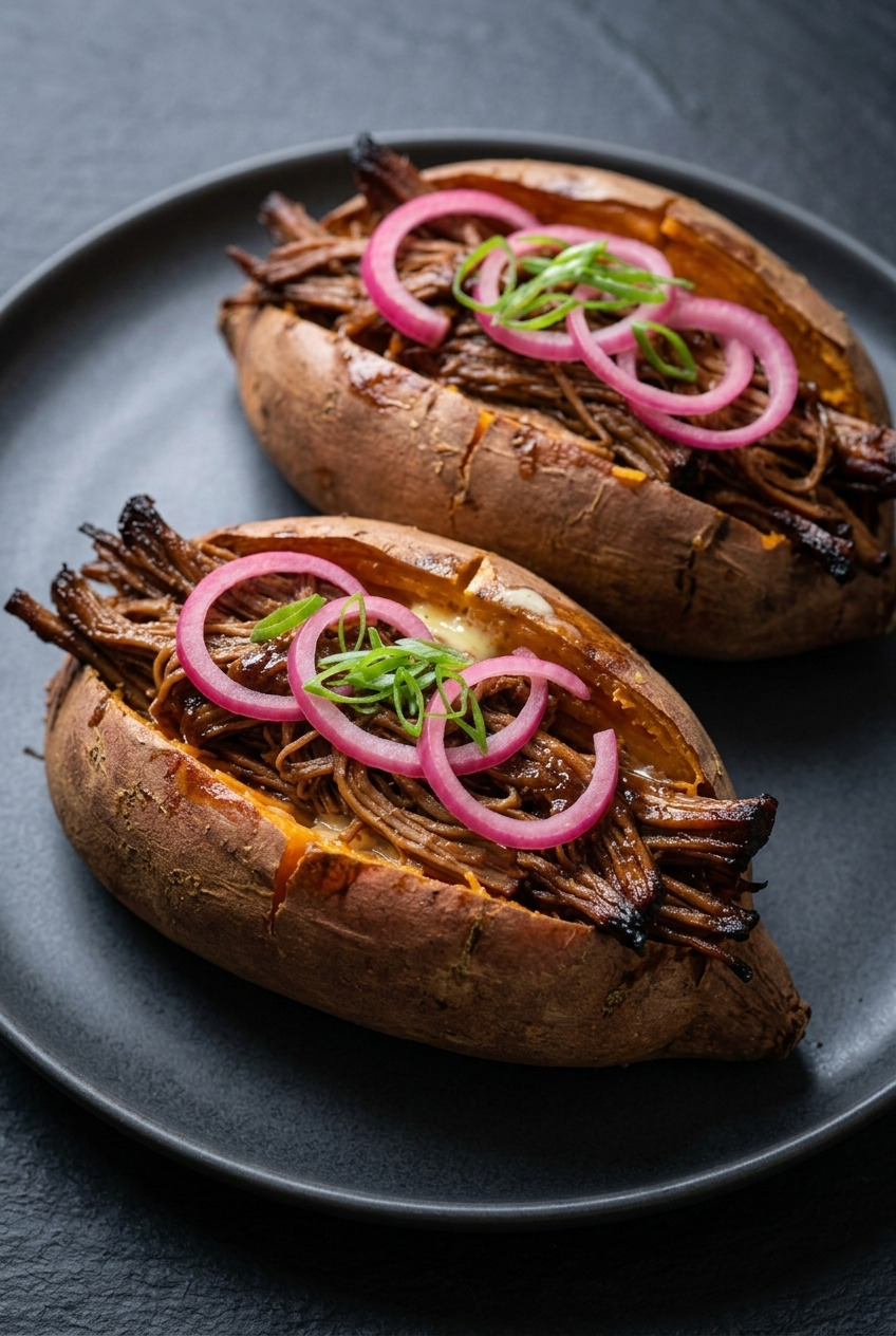 barbecue pulled pork stuffed sweet potatoes