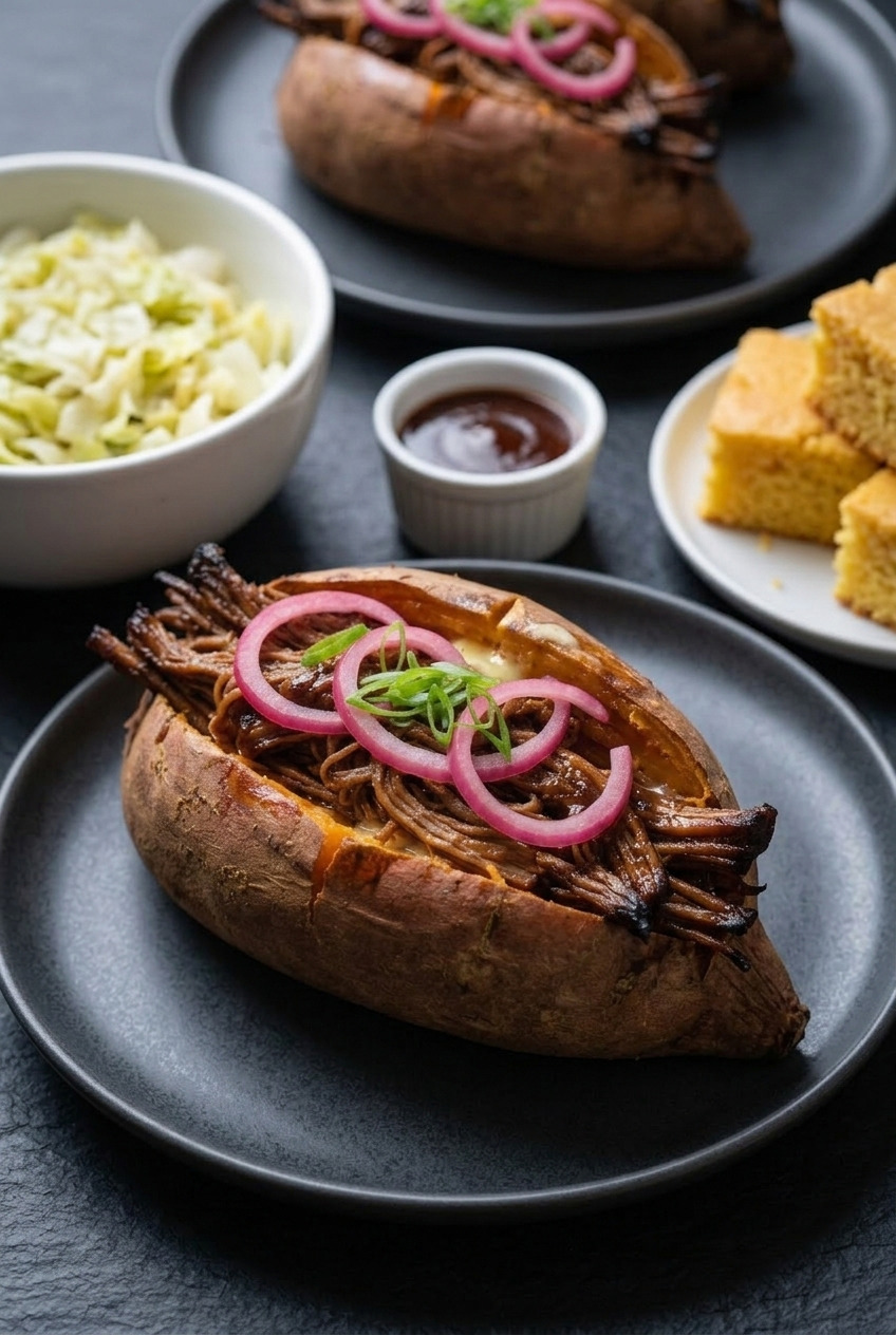 barbecue pulled pork stuffed sweet potatoes complete meal