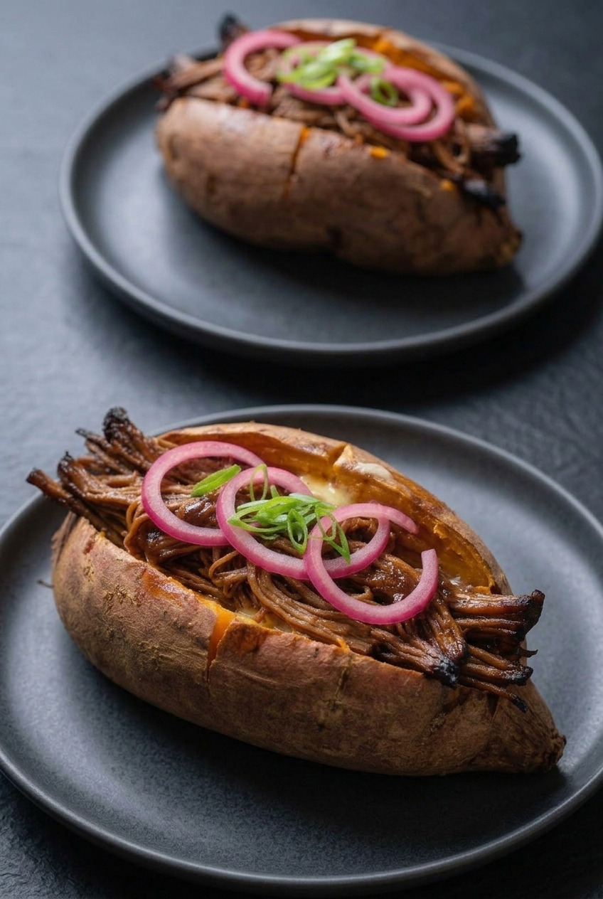 barbecue pulled pork stuffed sweet potatoes dinner scene
