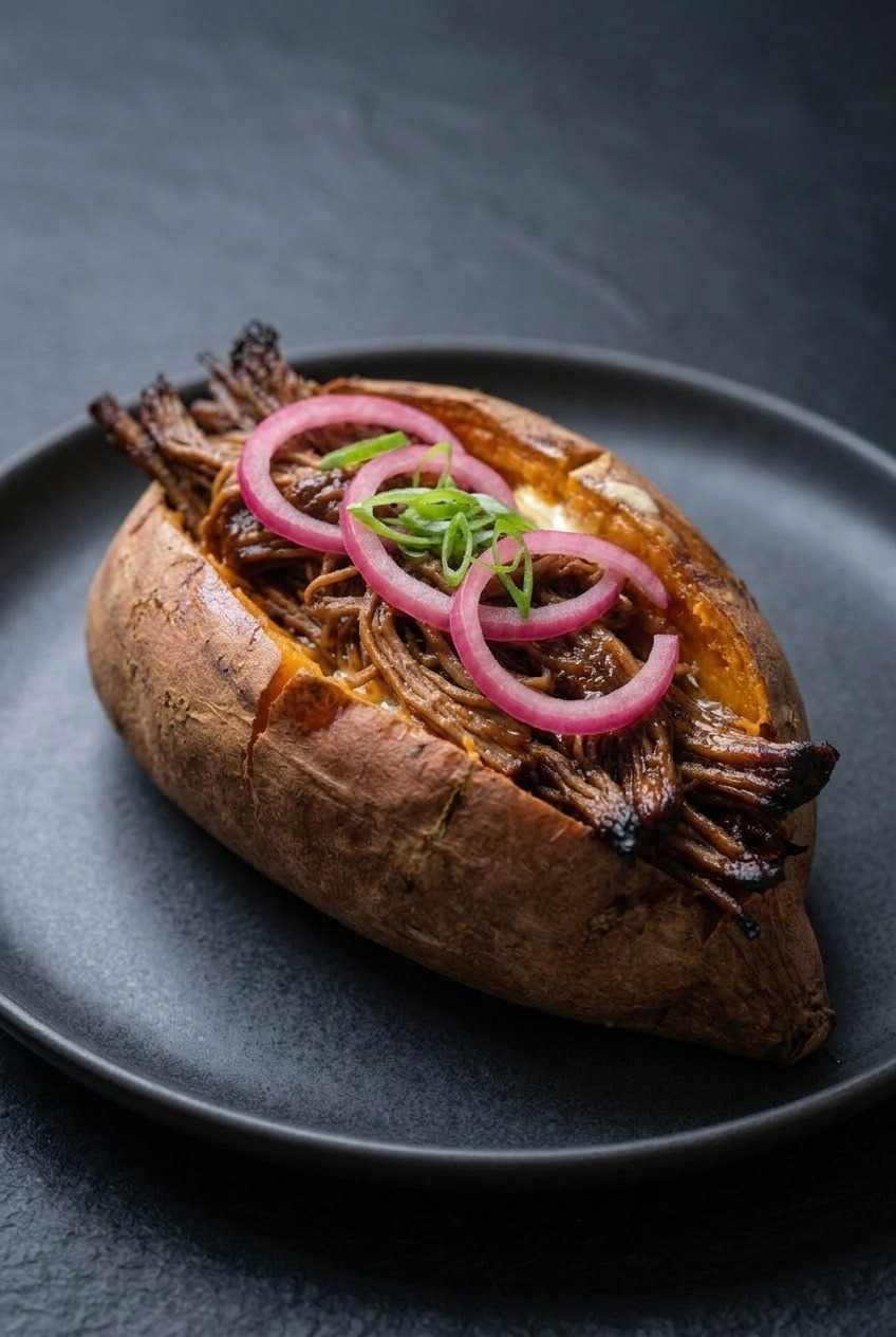 barbecue pulled pork stuffed sweet potatoes side view