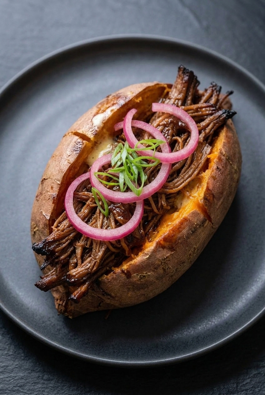barbecue pulled pork stuffed sweet potatoes served