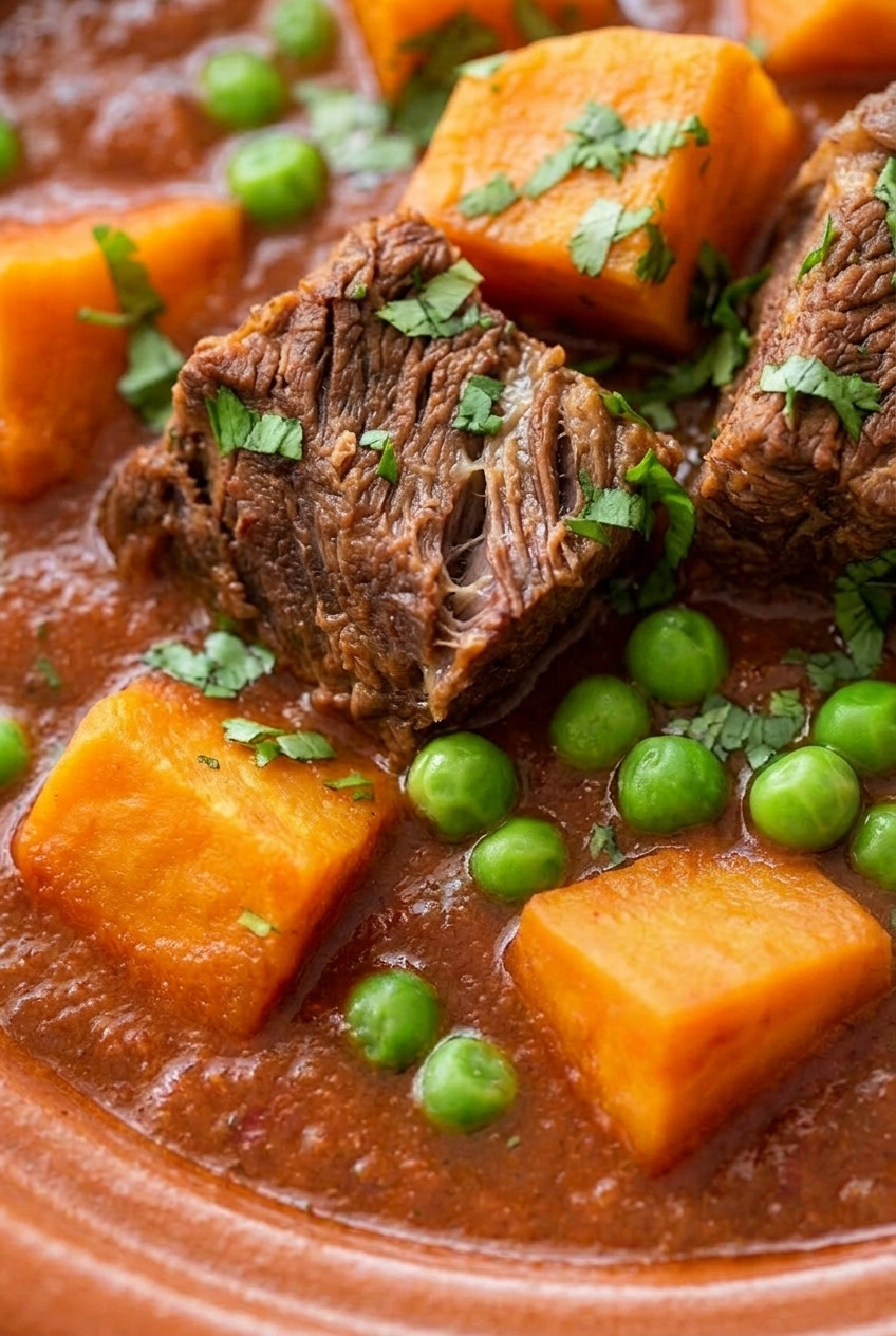beef tagine with sweet potatoes close up