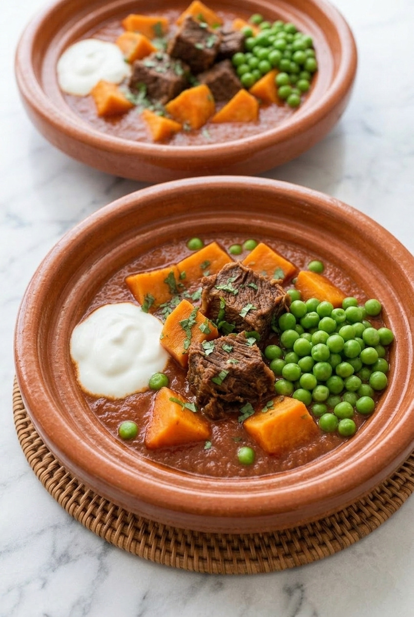 beef tagine with sweet potatoes dinner scene