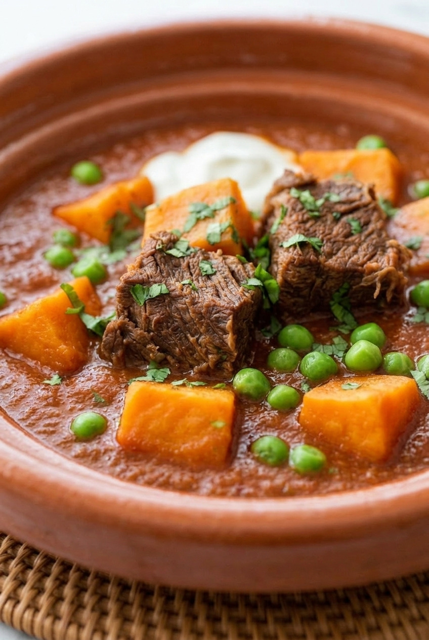 beef tagine with sweet potatoes side view