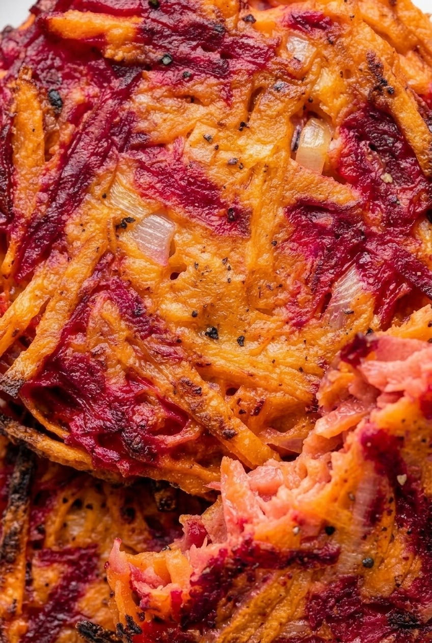 beet and sweet potato latkes close up