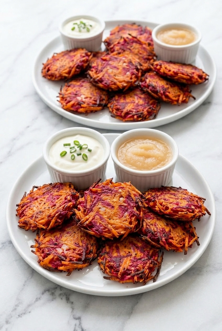 beet and sweet potato latkes dinner scene