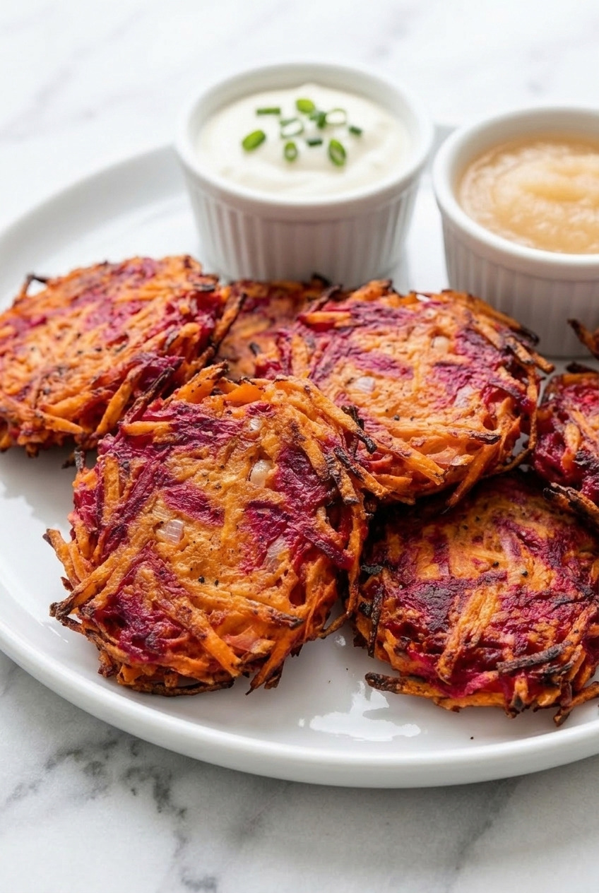 beet and sweet potato latkes side view
