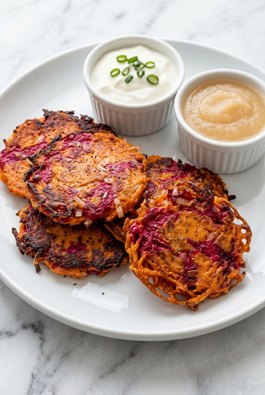 beet and sweet potato latkes served