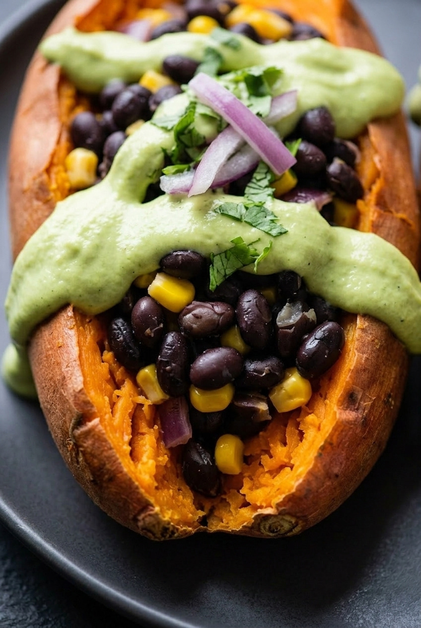 black bean stuffed sweet potatoes with avocado crema close up