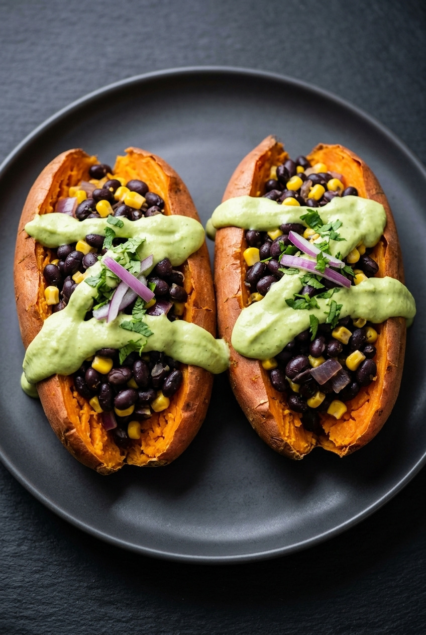 black bean stuffed sweet potatoes with avocado crema