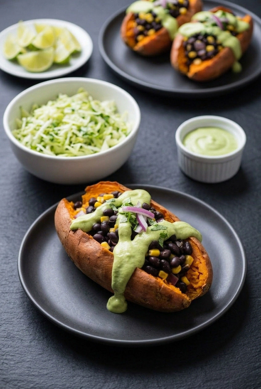black bean stuffed sweet potatoes with avocado crema complete meal