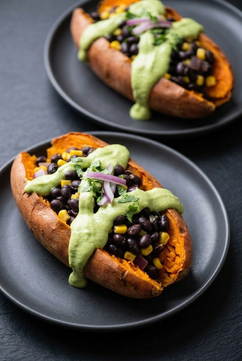 black bean stuffed sweet potatoes with avocado crema dinner scene