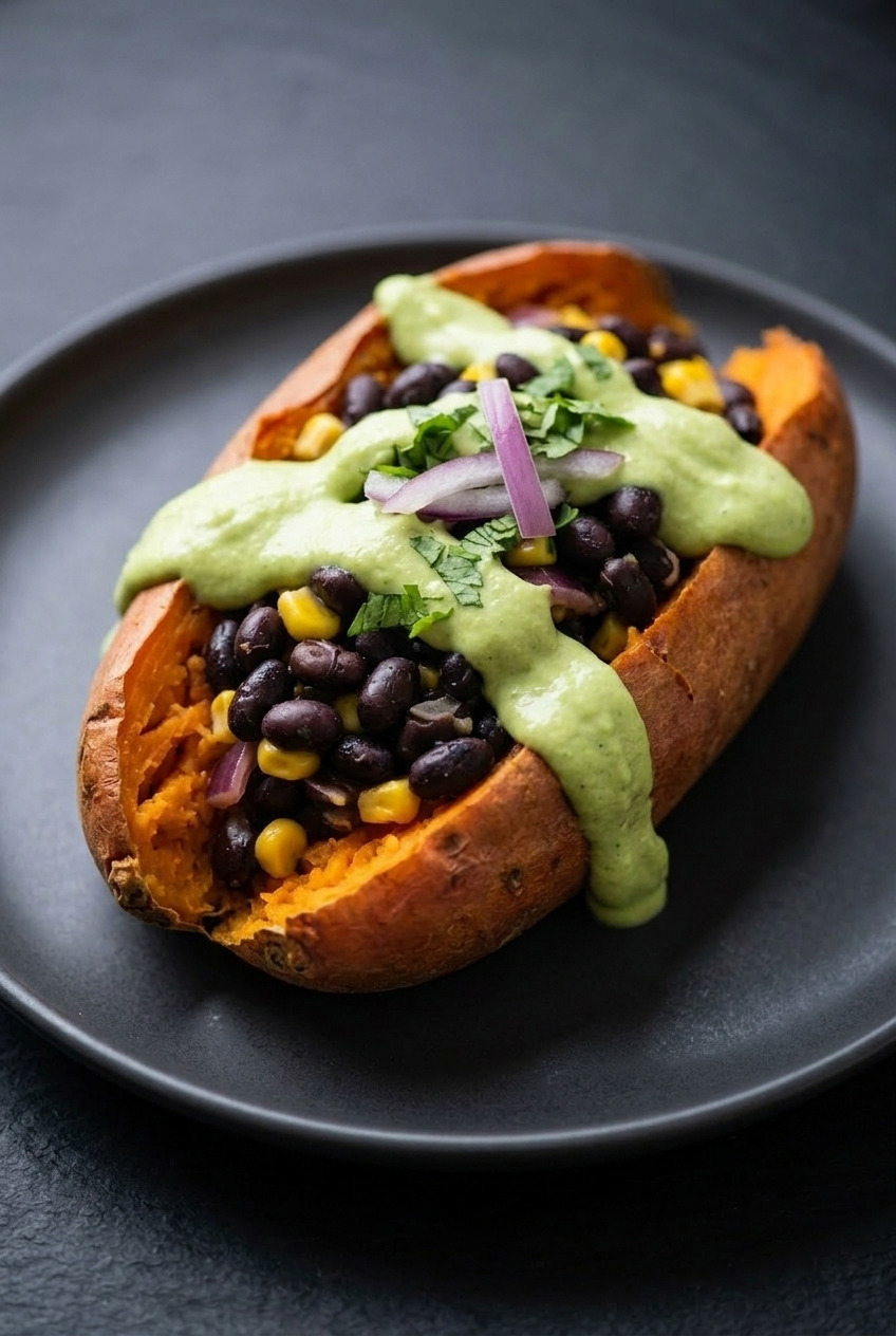black bean stuffed sweet potatoes with avocado crema side view