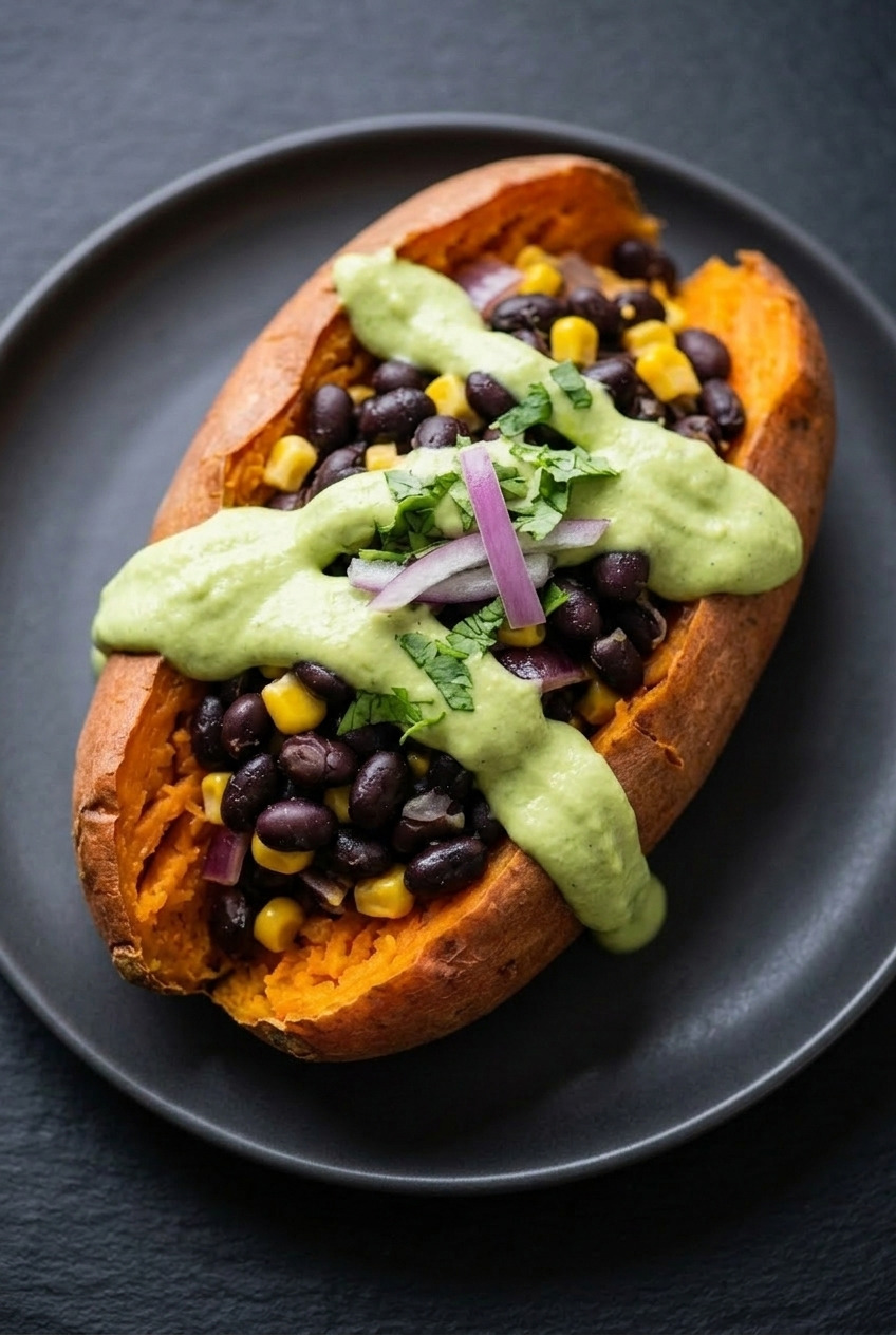 black bean stuffed sweet potatoes with avocado crema served