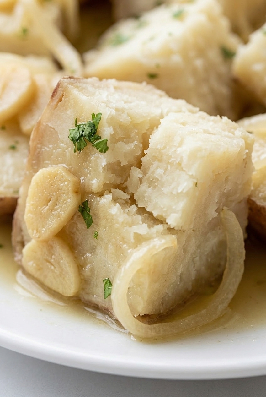 boniato con mojo cuban sweet potato with garlic sauce close up