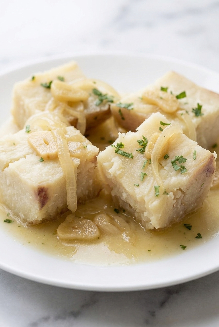 boniato con mojo cuban sweet potato with garlic sauce side view