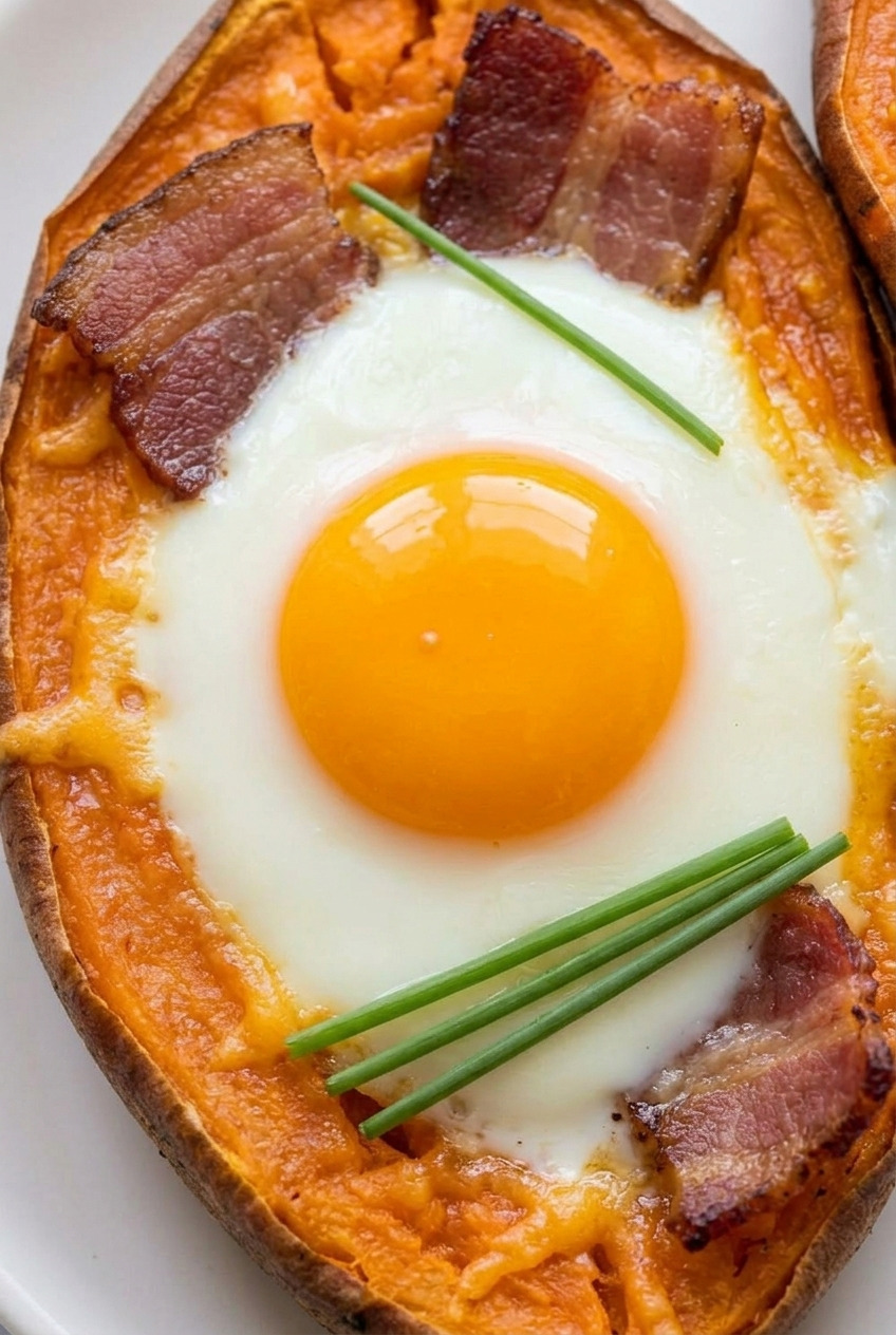breakfast stuffed sweet potatoes with bacon and egg close up