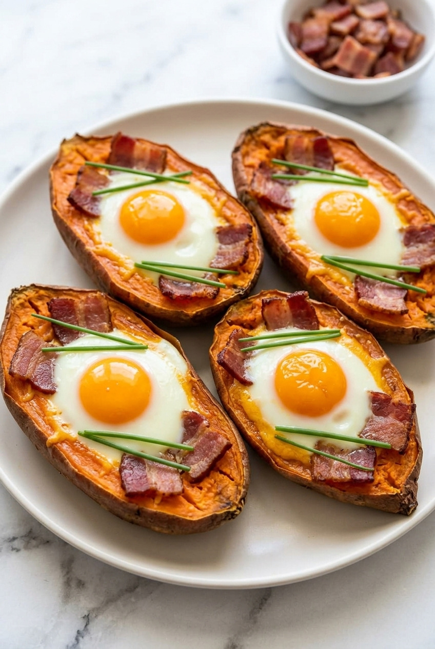 breakfast stuffed sweet potatoes with bacon and egg