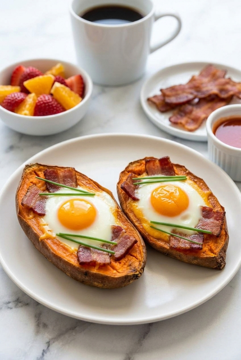 breakfast stuffed sweet potatoes with bacon and egg complete meal