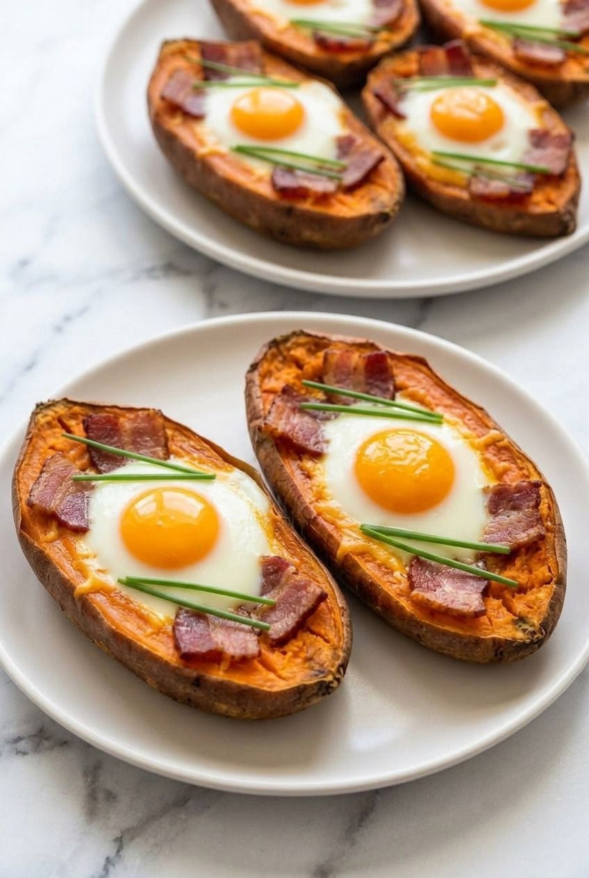 breakfast stuffed sweet potatoes with bacon and egg dinner scene