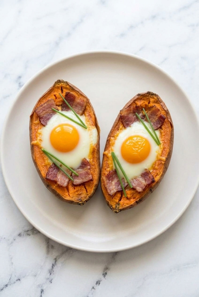 breakfast stuffed sweet potatoes with bacon and egg side view