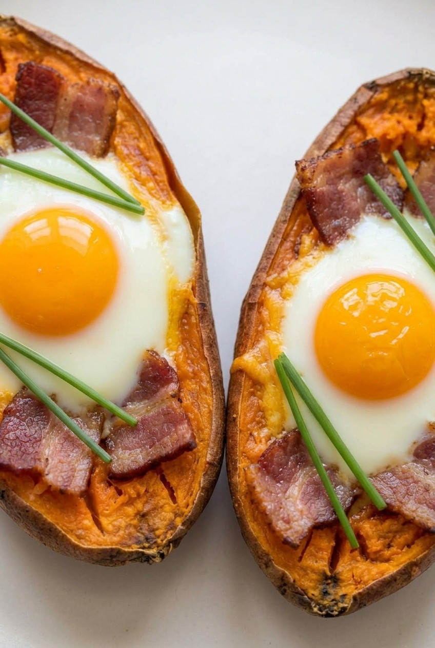 breakfast stuffed sweet potatoes with bacon and egg served