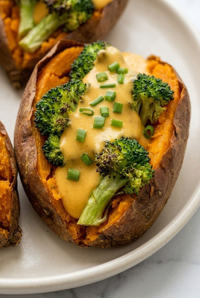 broccoli cheddar stuffed sweet potatoes close up