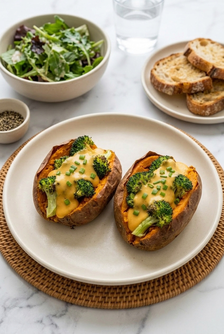 broccoli cheddar stuffed sweet potatoes complete meal