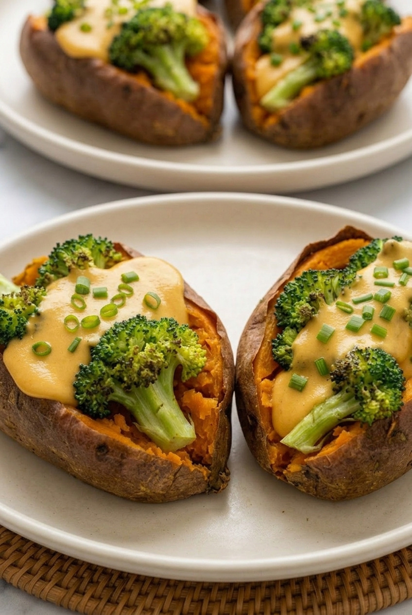 broccoli cheddar stuffed sweet potatoes dinner scene