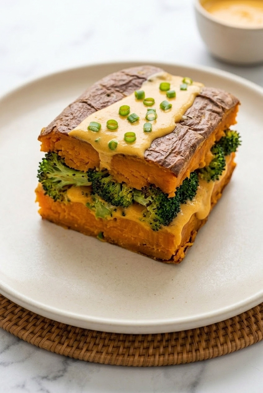 broccoli cheddar stuffed sweet potatoes side view