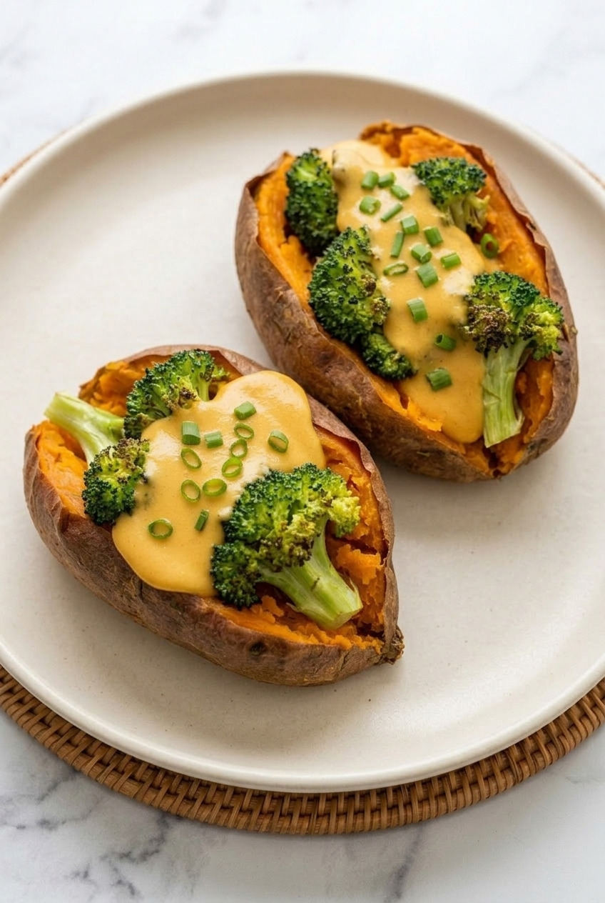broccoli cheddar stuffed sweet potatoes served